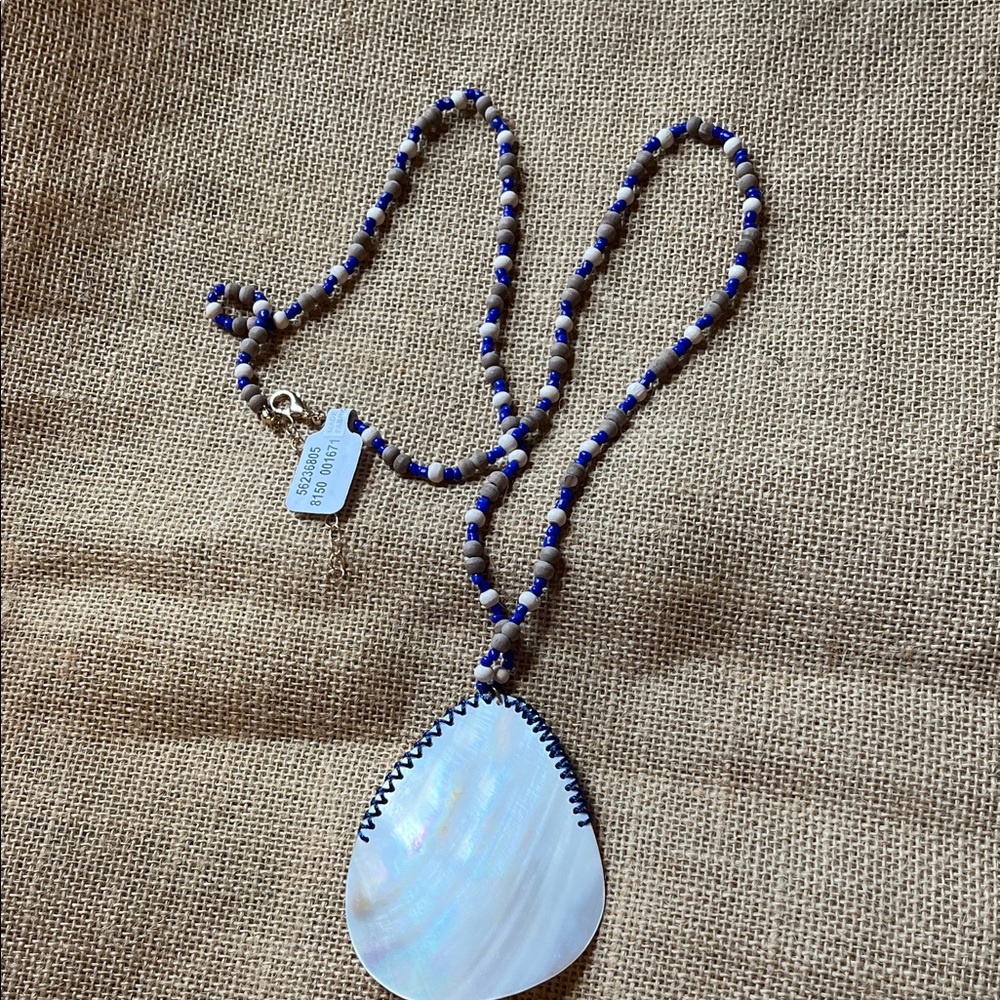 Free people Blue and White Beaded Necklace with Shell Pendant